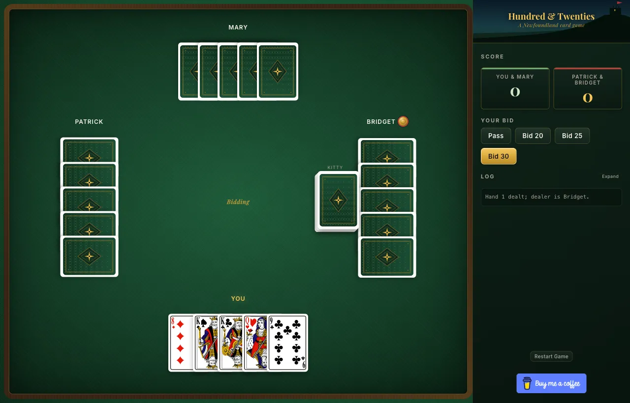 A hand in progress in the 120s web app, showing the green felt table, three AI opponents (Patrick, Mary, Bridget), the bid panel, and the player's hand