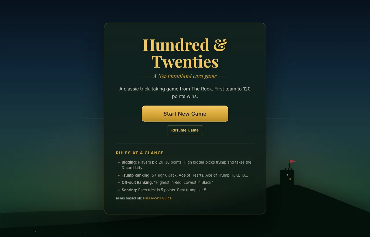 Splash screen of the 120s web app, with Signal Hill and Cabot Tower silhouetted under a dark Newfoundland sky